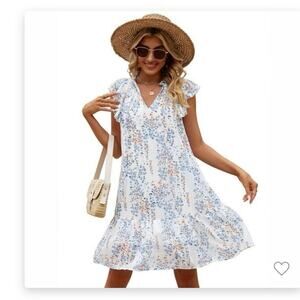 NWT- White and Blue Floral Mini Dress, Flutter Sleeve, Ruffle Hem, V Neck-Small
